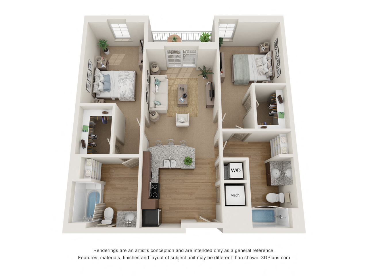 Floor plan for 2 beds, 2 baths, 1057 sqft